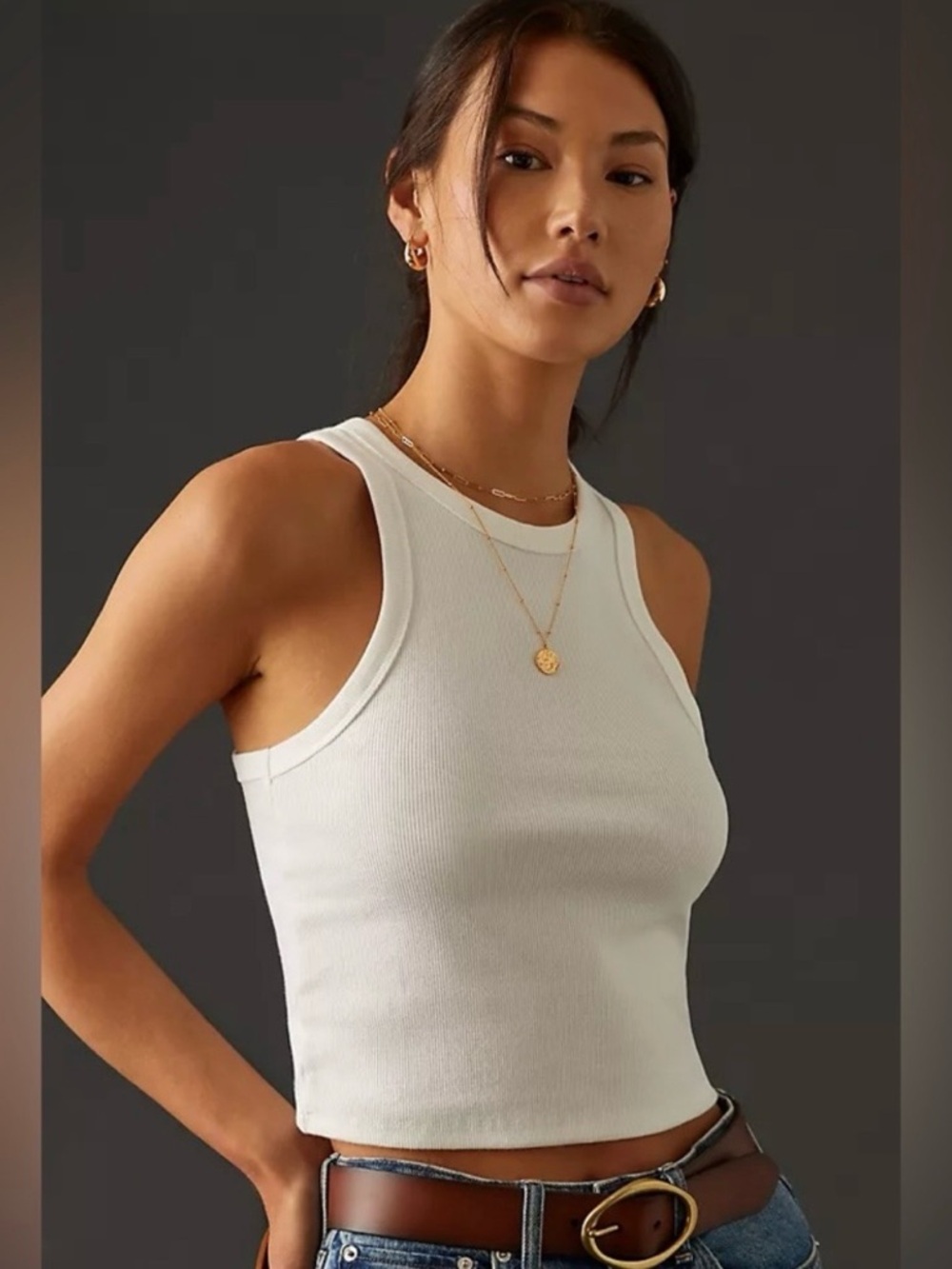 Maeve by Anthropologie White Ribbed Cropped Crew Neck Tank Top Small